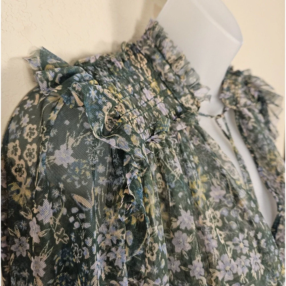 Free People Twyla Floral Sheer Blouse Women XS Ruffled Smocked Green Cottagecore